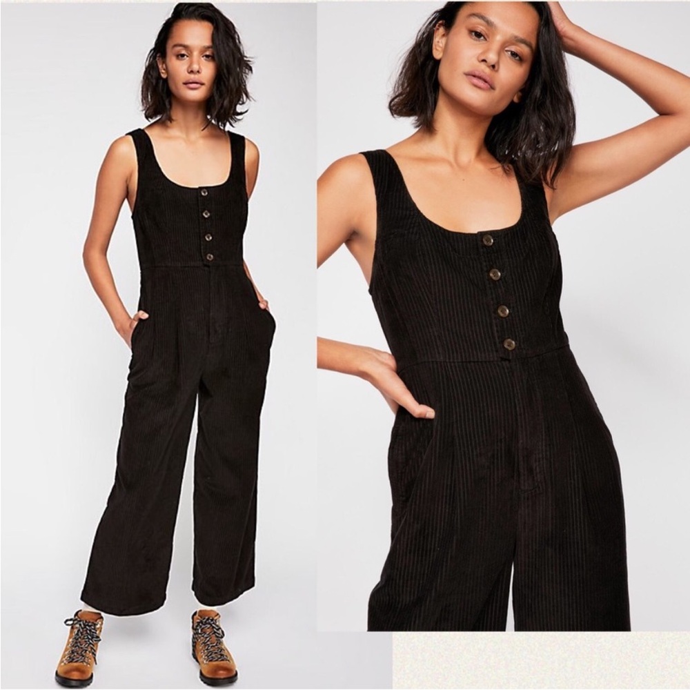 Free People Black Corduroy Button-Front Jumpsuit